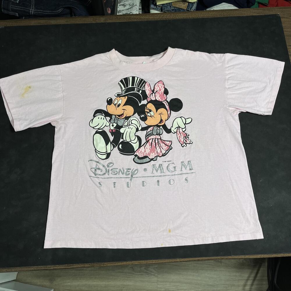 Vintage Disney MGM Studios Mickey Minnie Shirt Mens XL Pink 1987 Glitter Tee